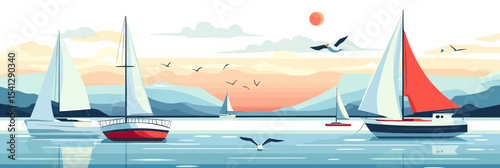 Sailboats on calm coastal harbor water with seagulls flying at sunset scenic minimalist vector illustration panoramic landscape view