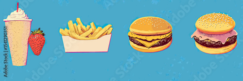 Retro fast food meal illustration with milkshake strawberry fries cheeseburger hamburger on blue background in pop art style vector