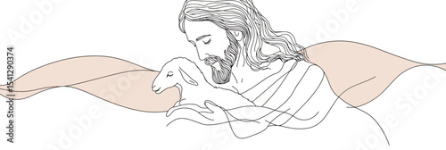 continuous line drawing Jesus Christ holding lamb with flowing hair and robe minimalist vector illustration religious symbolism spiritual compassion care concept