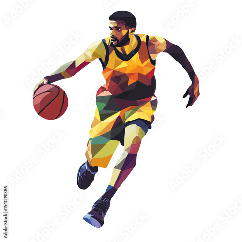 Low poly vector art of basketball player dribbling ball in colorful geometric sports uniform dynamic pose isolated on white background