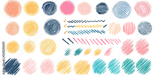 Colorful hand drawn sketch circles and abstract scribble brush stroke shapes background texture in various pastel and dark tones for artistic design elements