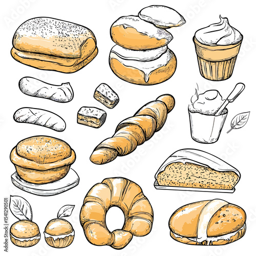 Hand drawn vector illustration of assorted bakery products and pastries with cream filling and bread slices in sketch style for menu or recipe design