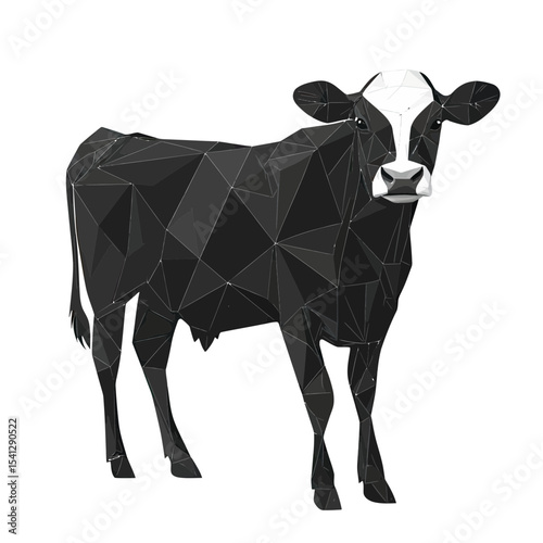 Low poly geometric black and white cow standing isolated on white background with polygonal facets in minimalist vector style for agriculture and livestock design concept