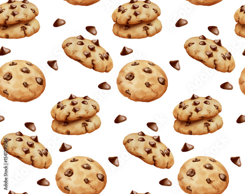 Watercolor style of chocochips cookies pattern with chocolate chip granules isolated on white background. Seamless pattern for paper wrap or wall paper and fabric.
