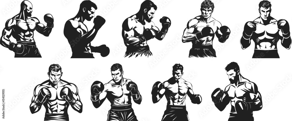 Naklejka premium Vector Set of Muscular Male Boxers in Fighting Poses
