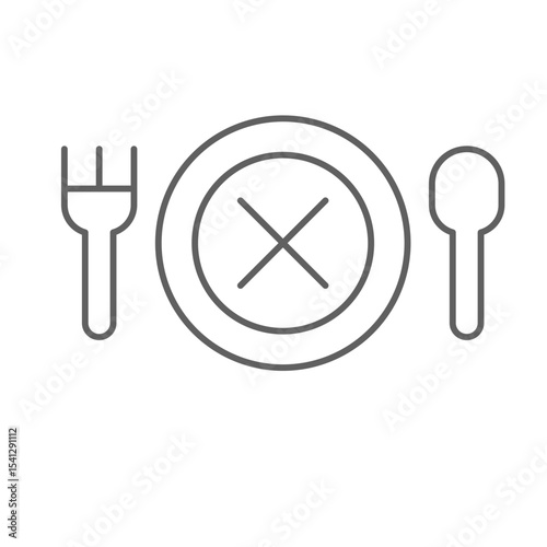 No appetite icon outline style. A crossed dish with fork and spoon depicting eating disorder, sickness, or loss of hunger. Thin line symbol vector illustration. Editable stroke