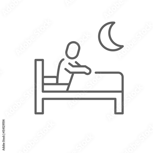 Sleep problem icon outline style. Figure sitting up in bed with moon in background showing insomnia or restless night. Thin line symbol vector illustration. Editable stroke