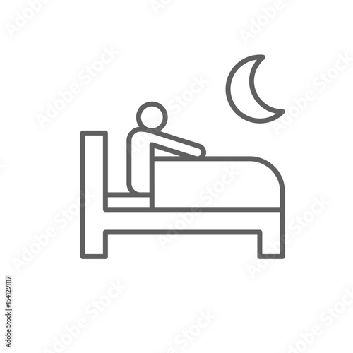 Awake at night icon outline style. A person in bed unable to sleep representing insomnia, anxiety, or night disturbance. Thin line symbol vector illustration. Editable stroke