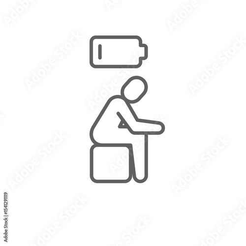 Low energy icon outline style. A person sitting with slumped posture under low battery symbol representing physical exhaustion, burnout, or fatigue. Thin line symbol vector. Editable stroke