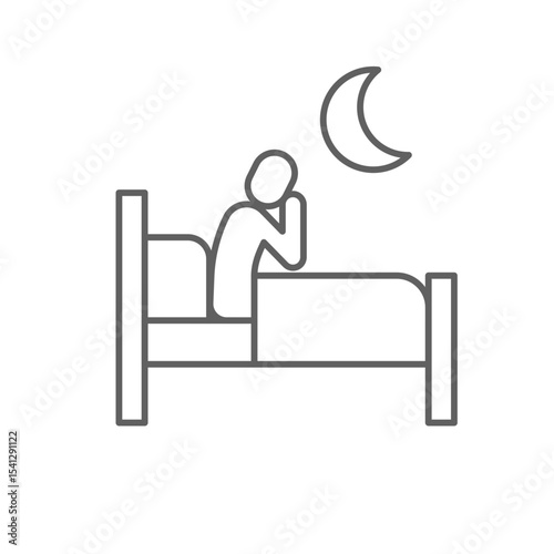 Insomnia icon outline style. A person sitting awake on bed at night under moon symbolizing sleep disorder or difficulty falling asleep. Thin line symbol vector illustration. Editable stroke