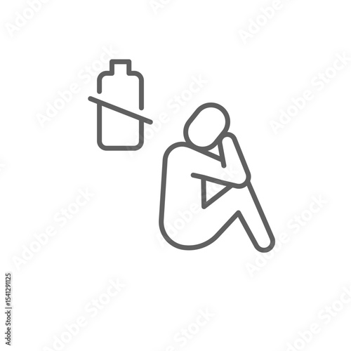 Tipped battery icon outline style. A person sitting with slouched posture and tilted battery symbol representing burnout, exhaustion, energy imbalance, or collapse. Thin line editable stroke
