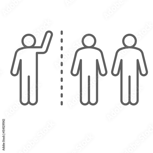 Exclusion icon outline style. Individual figure away from two grouped people symbolizing social rejection, quarantine, or separation. Thin line symbol vector illustration. Editable stroke