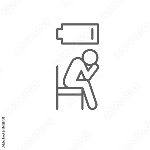 Burnout icon outline style. A person sitting with head down and low battery symbol above showing emotional exhaustion, depression, or fatigue. Thin line symbol vector illustration. Editable stroke