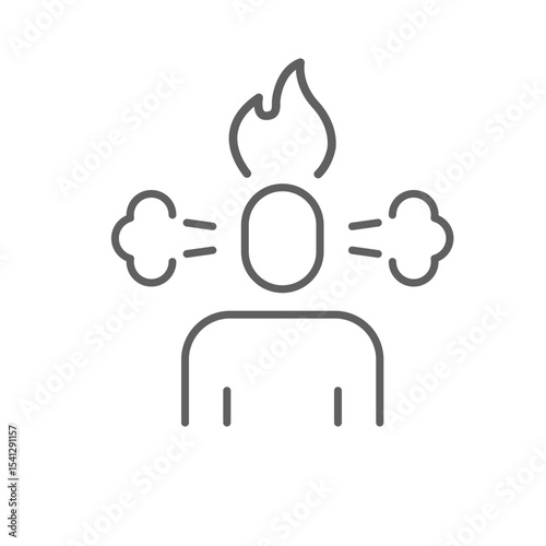 Overwhelmed mind icon outline style. A person with steam and flame above head symbolizing anger, stress, or emotional burnout. Thin line symbol vector illustration. Editable stroke