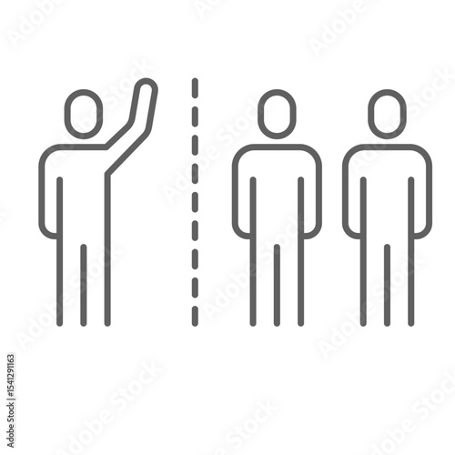 Social isolation icon outline style. A single person separated by dotted line from two others representing exclusion, distancing, or loneliness. Thin line symbol vector illustration. Editable stroke