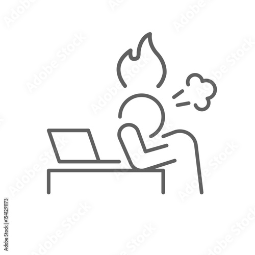 Work stress icon outline style. A person with head on desk and flame above symbolizing workplace burnout, frustration, or job overload. Thin line symbol vector illustration. Editable stroke