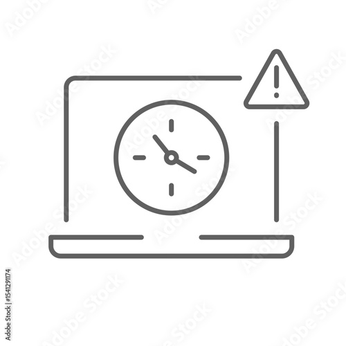 Laptop with time pressure warning sign icon outline Thin line style for remote work fatigue editable stroke symbol of job overload burnout productivity drop