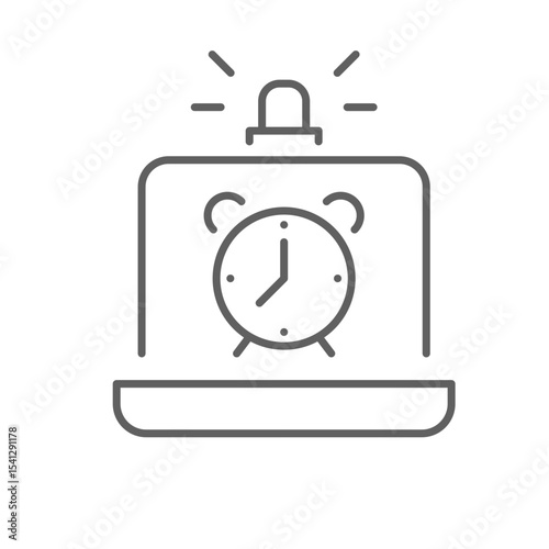 Alarm clock alert on laptop screen icon outline Thin line symbol of remote worker stress fatigue burnout time pressure editable stroke digital exhaustion overwork concept