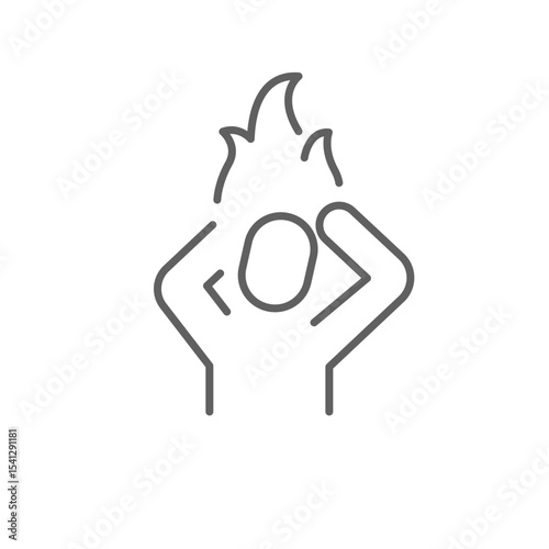 Mental burnout icon outline style. A person holding head with fire symbolizing psychological pressure, anxiety, or stress overload. Thin line symbol vector illustration. Editable stroke