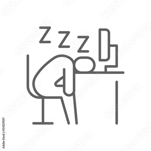 Fatigued remote worker icon Thin line editable stroke symbol of person sleeping on desk with monitor outline style representing exhaustion burnout overwork from digital screen time