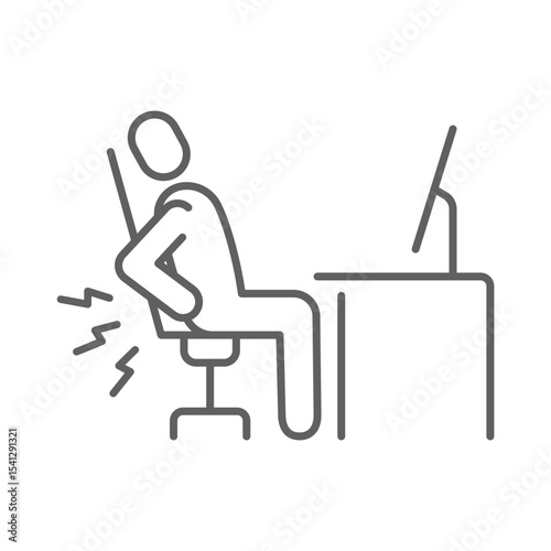 Backache desk work icon Editable stroke symbol depicting back strain during long computer usage in remote job settings
