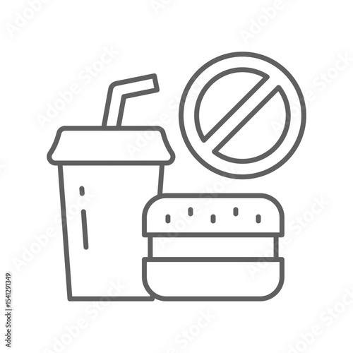 No fast food icon Outline symbol of unhealthy meal restriction including burger and drink in editable stroke thin line style