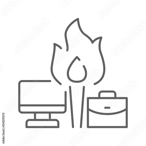Burnout crisis icon Thin line symbol of workplace overload with fire laptop and briefcase representing remote job pressure