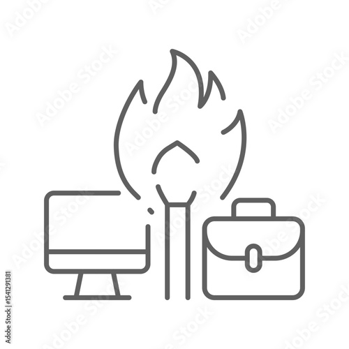 Work burnout icon Outline thin line symbol showing fire between computer and briefcase representing job stress and mental exhaustion