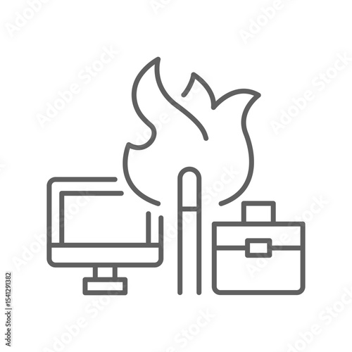 Office stress icon Editable stroke image with burning flame between desk and bag illustrating employee burnout or job fatigue