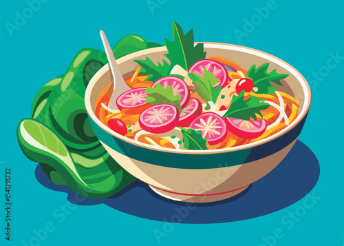Colorful vegetable noodle bowl with salad.