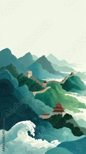 Stylized Illustration of the Great Wall Amidst Mountainous Terrain