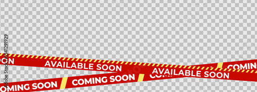 Available Soon Coming Soon Banner Tape with bold white text and red stripes. Perfect for store opening, promo teaser, product launch, campaign notice or web advertisement. Vector Illustration.
