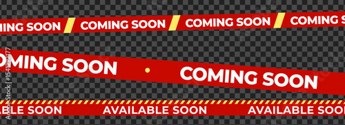 Coming Soon Available Soon Banner Tape, mixed ribbon styles for shop opening, sale launch, retail notice, marketing campaign. Product promotional clearance. Vector Illustration