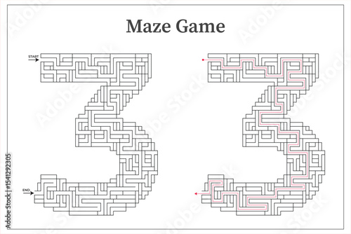 Number 3 maze game pattern decorative design template