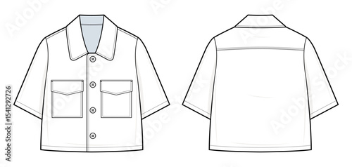 Utility Short-Sleeve Shirt Technical Fashion Illustration. Boxy Button-Up Shirt Vector Template. Front Flap Pockets. Cropped Length. Relaxed Fit. Front and Back View.  Shirt CAD Mockup set.