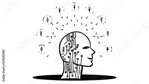 Stylized head with circuit board design and radiating icons representing artificial intelligence ideas