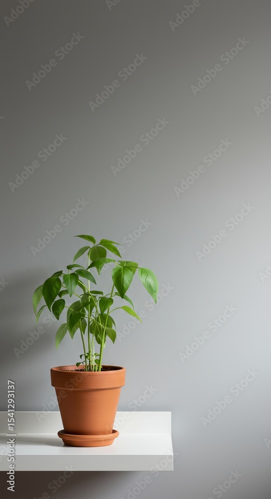 Fototapeta premium Small Green Plant in Terracotta Pot on White Shelf