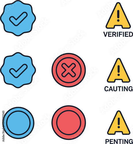 Social media verification concept – blue tick, red cross, yellow caution icon set in vector badge format