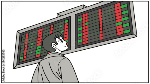 A man looking up at stock market board with green and red indicators showing market fluctuations and trends