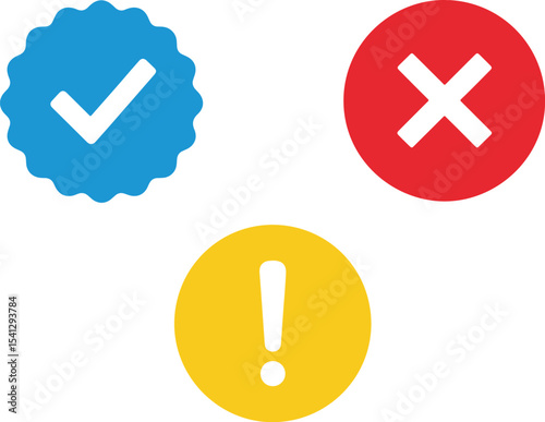 Social media verification concept – blue tick, red cross, yellow caution icon set in vector badge format