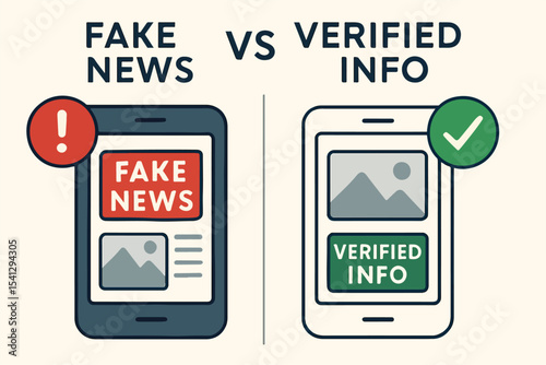 onceptual vector design – fake news vs verified info on social media, red alert and green verified tick icons.