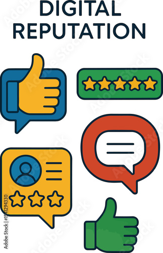 Digital reputation vector set – thumbs up, rating stars, online review, comment badge in modern colorful icons.