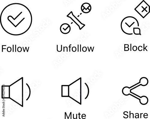 Line-art style vector pack – ‘Follow’, ‘Unfollow’, ‘Block’, ‘Mute’, ‘Share’ icon symbols in minimal UI style