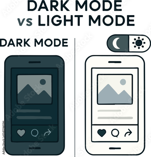 Dark mode vs light mode social media UI – vector comparison layout showing theme switch concept
