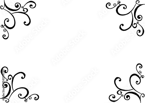 Frame. In each corner of the background there are patterns consisting of curls of different sizes. Black and gray color. White copy space. Invitation, postcard, certificate. Elegant and delicate.