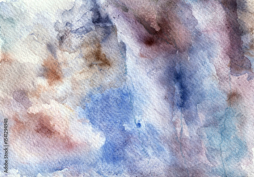 Watercolor abstract background. Of different colors, shades of blue, purple, brown, white. Chaotic spots, colors mix to form new colors, shades. Texture of watercolor paper. Lighter and darker spots.