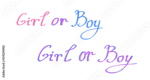 Lettering set. The words Girl or Boy. Isolated on a white background. Pink, blue, purple colors. Overlaying colors that create purple. Italic font. The word Girl in pink, Boy in blue. Or purple.