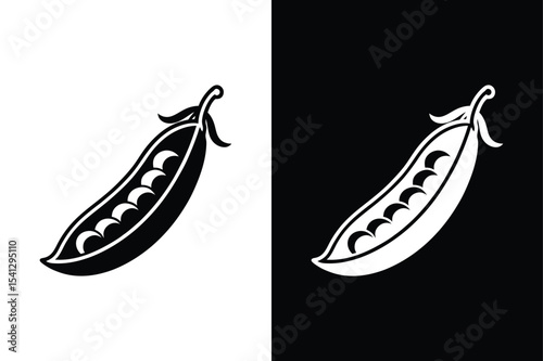 Black and White Peas Pod Silhouette. Vector Vegetable Icon Illustration