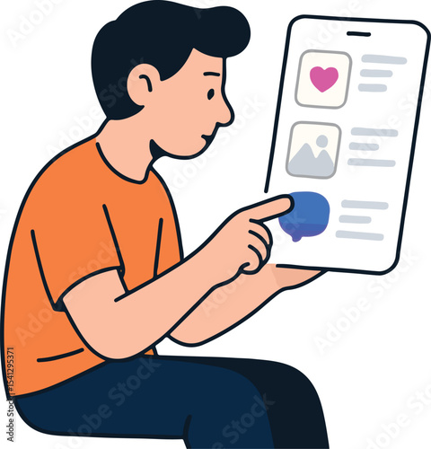 Vector character scrolling social media feed on a transparent smartphone – concept of digital addiction or content overload
