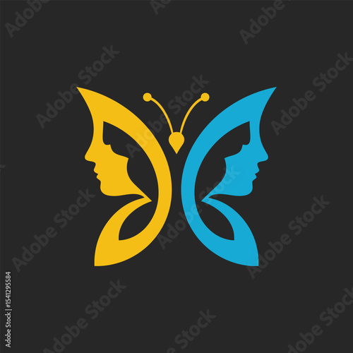 Minimalist butterfly logo featuring yellow and blue human profiles. A modern, symbolic design using negative space to represent harmony, duality, and balance.